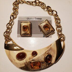 Vintage Chunky Necklace and Earring Set Gold Tone with Amber and Burgundy
